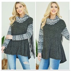 A’Reve Charcoal Gray/Black Cowl Neck Western Back Fringe Chevron Top M//L-NWT